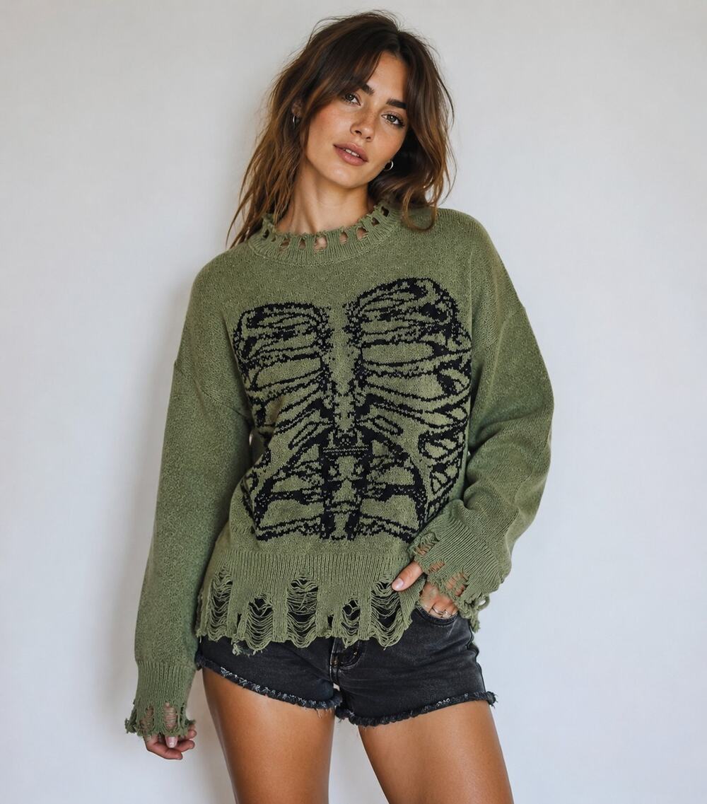 Goth Skeleton Rib Cage Sweater Women's M Distressed Soft Halloween Steam Punk